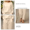 thumbnail image 3 of Trajes de 2 piezas para mujer, color puro, cuello redondo, manga larga, cordón en la cintura, pantalones de pierna ancha, trajes para uso diario Beige M, 3 of 4