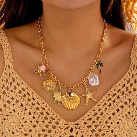 NICKSUN Gold Ocean Charm Choker Necklace, Dainty Paperclip Chain Collarbone Jewelry with Starfish, Conch, Seashell, Octopus & Palm Tree Pendants, Trendy Elegant Coastal Vacation Accessories