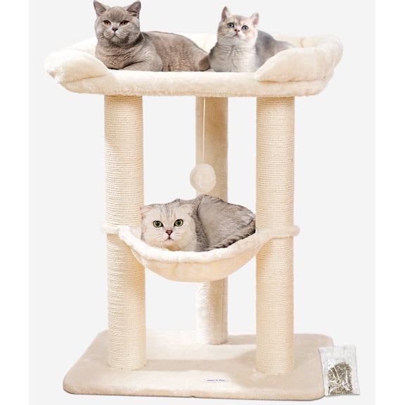 Happi N Pets 28" Cat Tree Tower, Tall Cat Scratching Post with Perch for Window Viewing, Large Bed for Big Cats, Cat Tower with Hammock, Removable Cover-Beige