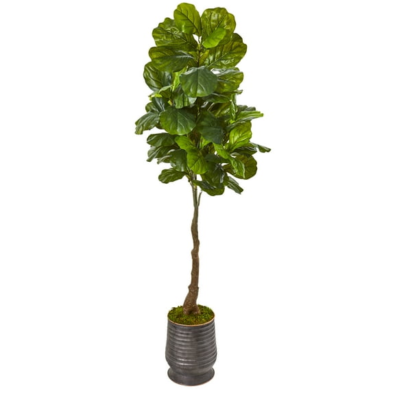 Nearly Natural 69in. Fiddle Leaf Artificial Tree in Ribbed Metal Planter (Real Touch)