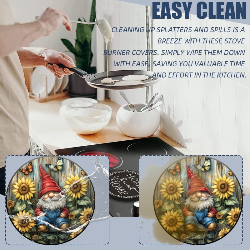 Christmas Burner Covers for Electric Stove, Santa and Sunflower Round Metal Durable Burner Covers Set of 4 Xmas Decor for Kitchen Cooktop, 8 Inches and 10 Inches