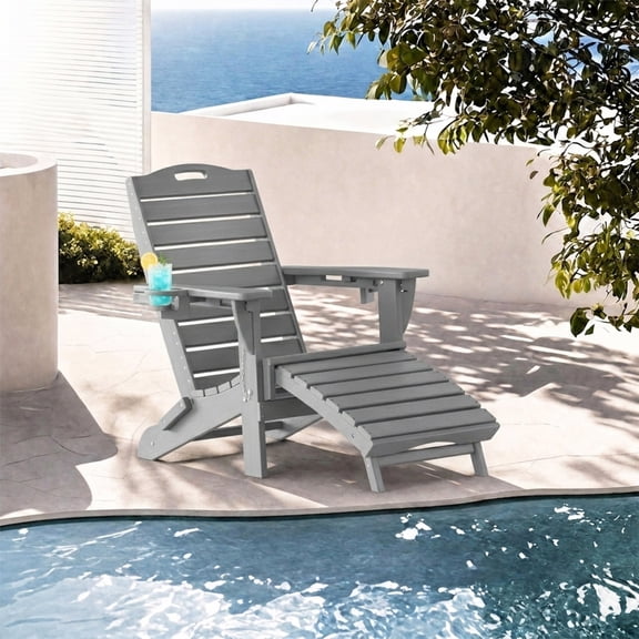 Folding Adirondack Chair w/ Ottoman, Weather-Resistant HDPE Patio Fire Pit Chair, Gray
