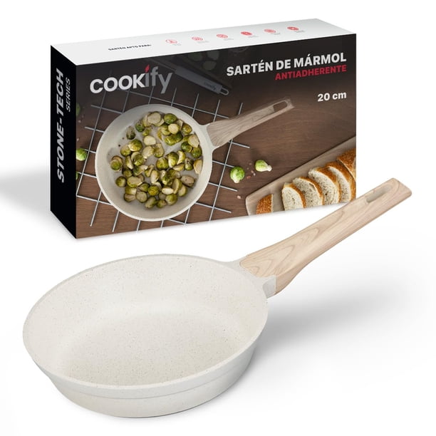 Cookify Sartén con Antiadherente Cerámico con Cubierta de Silicona en Mango, 100% Libre de PFOA, para todo tipo de estufas, (Mármol Beige, 20 cm)