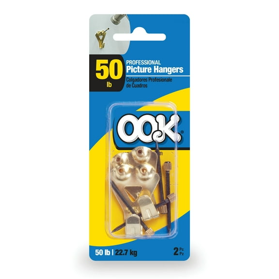 Ook Professional Picture Hangers, 50 lbs, Steel, for Drywall Plaster Wood, Brass, Gold, 2 pack