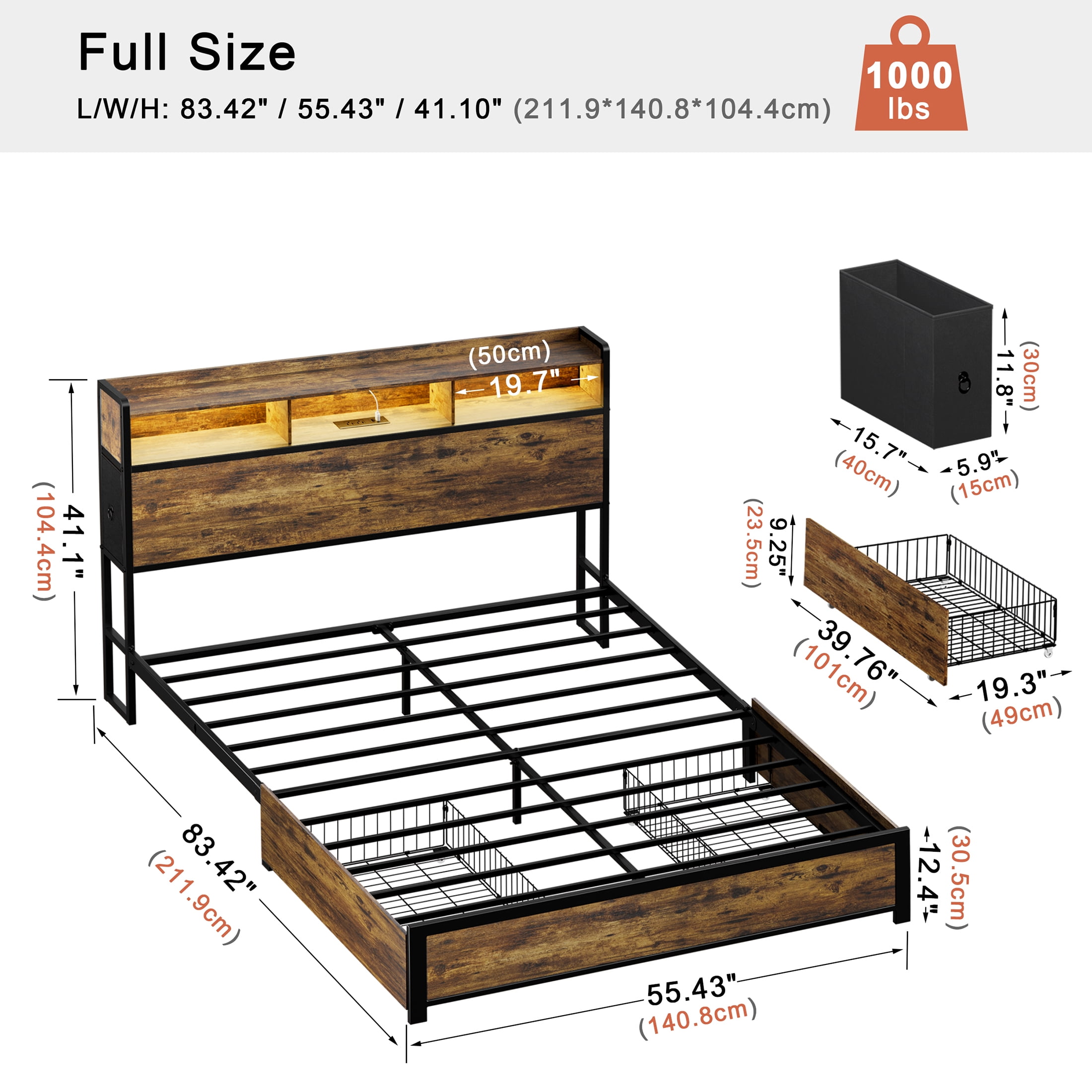 GUNAITO Full Bed Frame with 2 Drawers Headboard Platform LED Bed Frame with 2 Storage Drawers USB Ports & Outlets Rustic Brown
