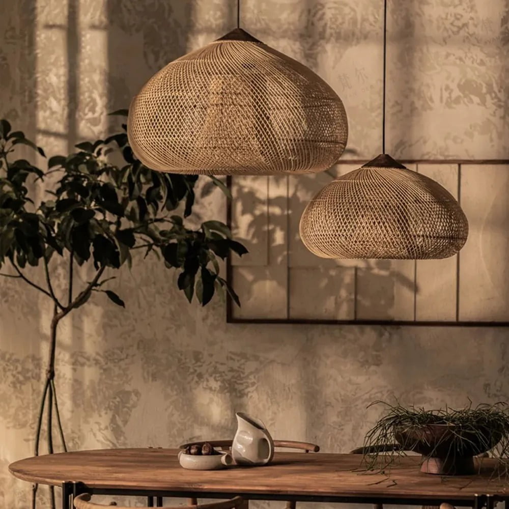 Arturesthome Rattan Pendant Light Rattan Chandelier Hand-Woven Boho Pendant Light Fixtures with Solid Wood Basket Wicker Chandelier for Dining Room Kitchen Island Living Room