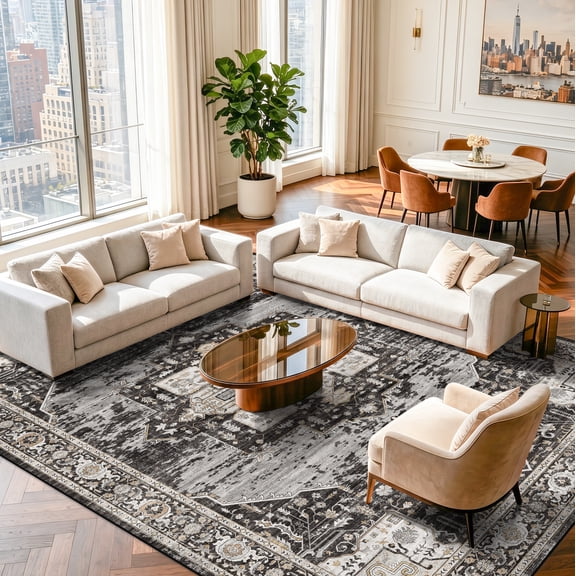 RUUGME Washable 10x14 Area Rug - Soft Area Rugs for Living Room Stain Resistant Carpet Vintage Lightweight Rugs for Bedroom with Non Slip Backing Indoor Ultra-Thin Rugs Home Decor 10x14 Black