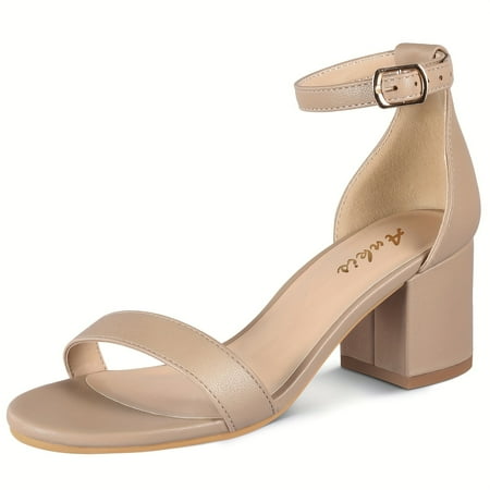 FLTHDD Womens Chunky Heeled Sandals Solid Color Open Toe Ankle Buckle Strap High Heels All-Match Dress Shoes For Wedding Banquet & Office Gift