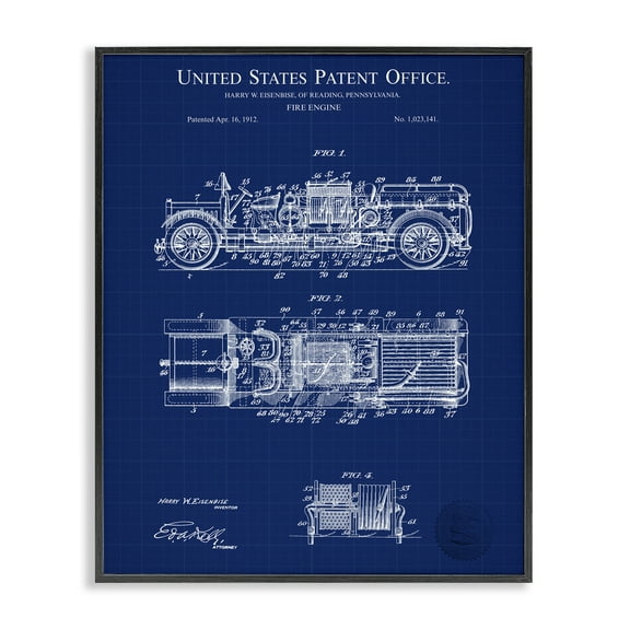 Stupell Industries Fire Engine Blueprint Transportation Painting Black Framed Art Print Wall Art, 11 x 14