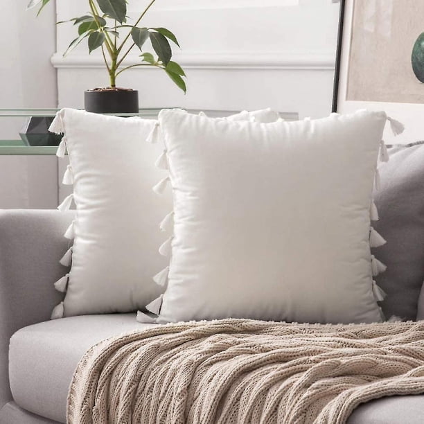 Wekity Paquete de 2 fundas de almohada decorativas de terciopelo suave y sólido con flecos de borlas, funda de cojín con acento bohemio para sofá cama (20 x 20 pulgadas, Pure W