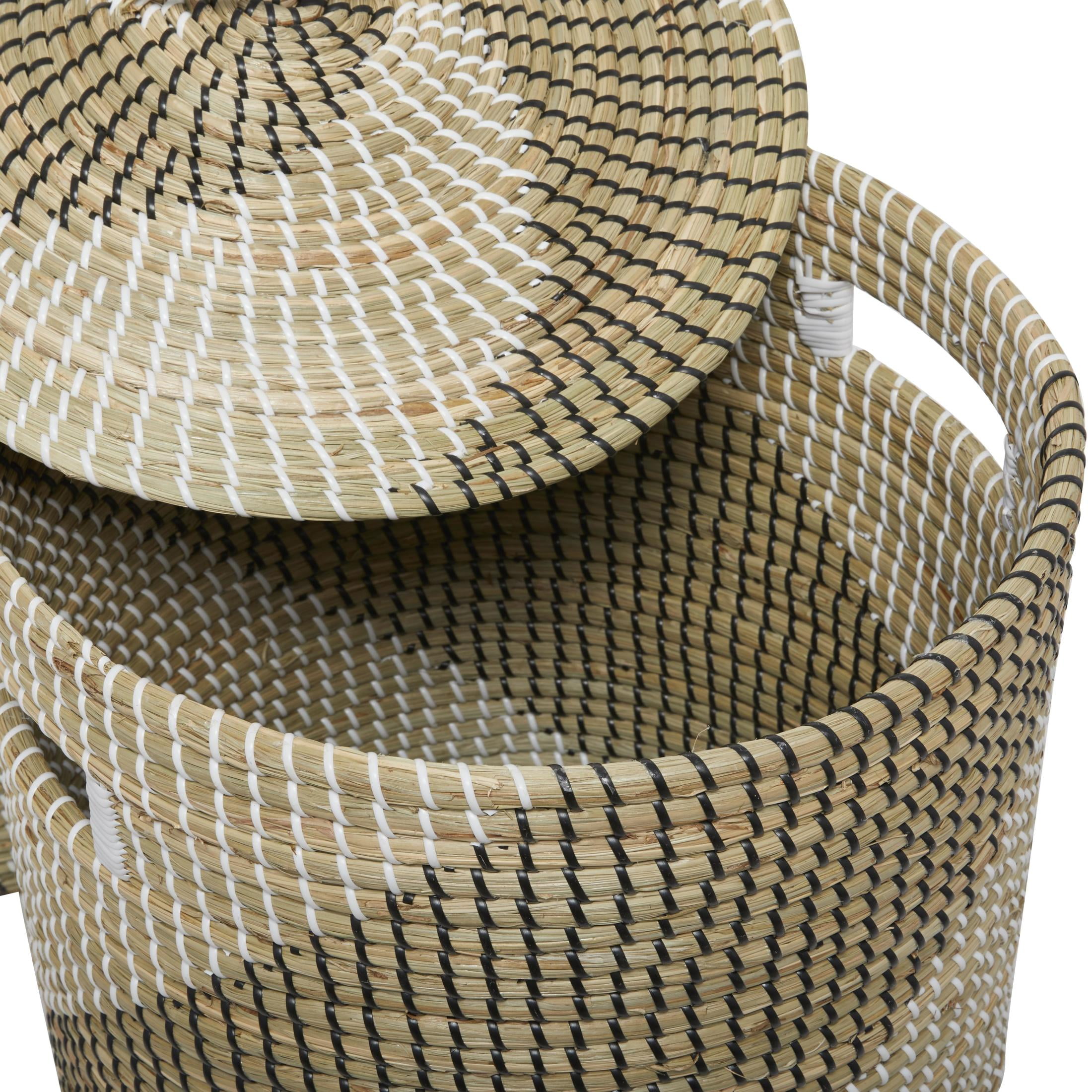 DecMode 24", 22"H Brown Seagrass Handmade Two Toned Storage Basket with Matching Lids, 2-Pieces