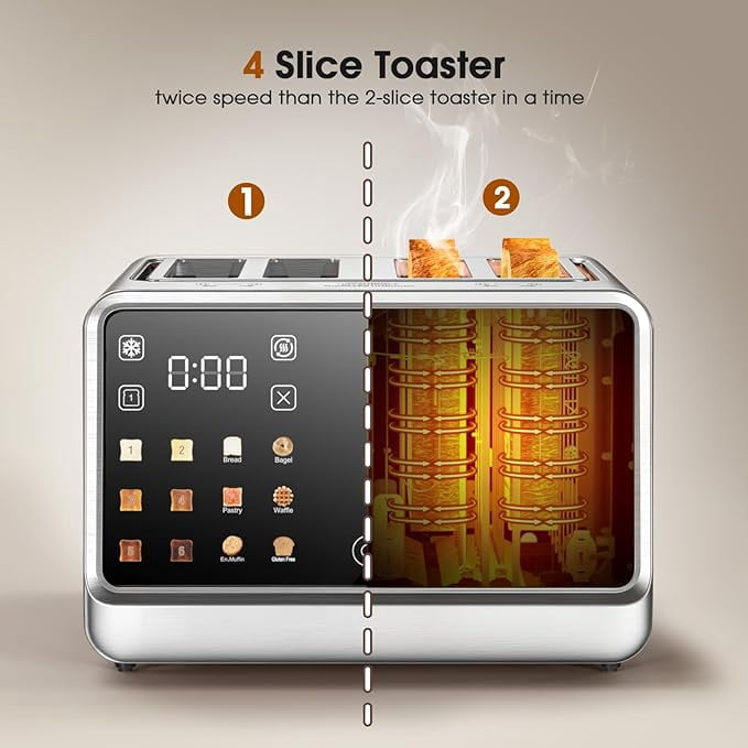 Toaster 4 Slice, Digital Smart Toaster With TouchScreen, Dual Control Panel, Single Slot Toasting, Timer, Reheat & Defrost For Bagels, Bread, Waffles, Stainless Steel Kitchen Essentials