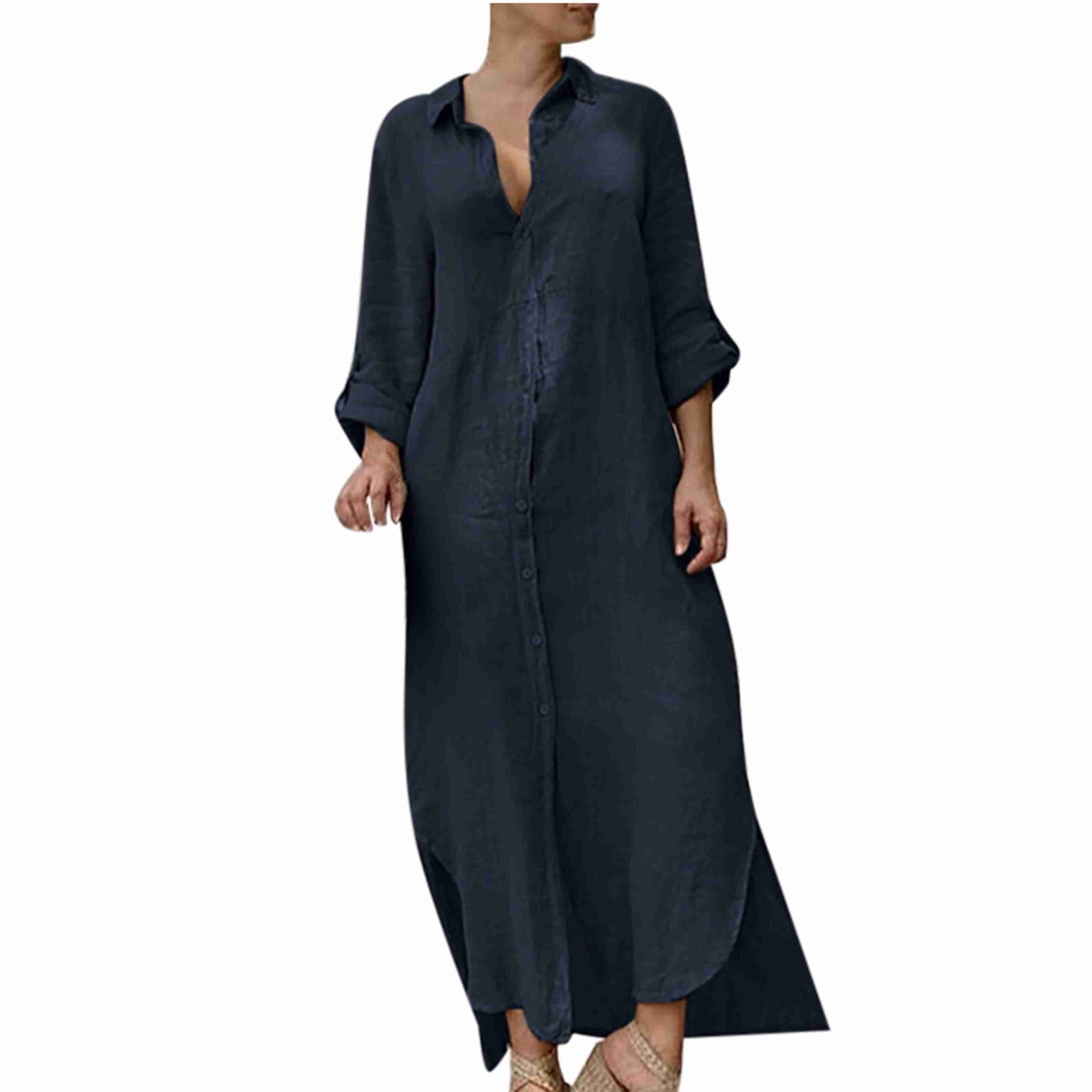COFEST Women's Plus Size Loose Cotton Linen Button Down Long Dress