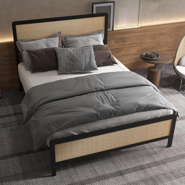 Eastvita Bed Frame with Natural Rattan Headboard/Footboard/Metal Platform Frame with Underbed Storage/No Box Spring Needed/Strong Wood Slat Support/Rattan Wood Accent