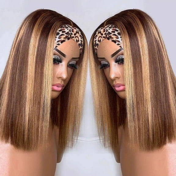 Highlight Wig Human Hair Brazilian Straight Headband Wigs Soft Bone Straight Bob Wig Brown Colored Human Hair Wigs for Women #P4/27
