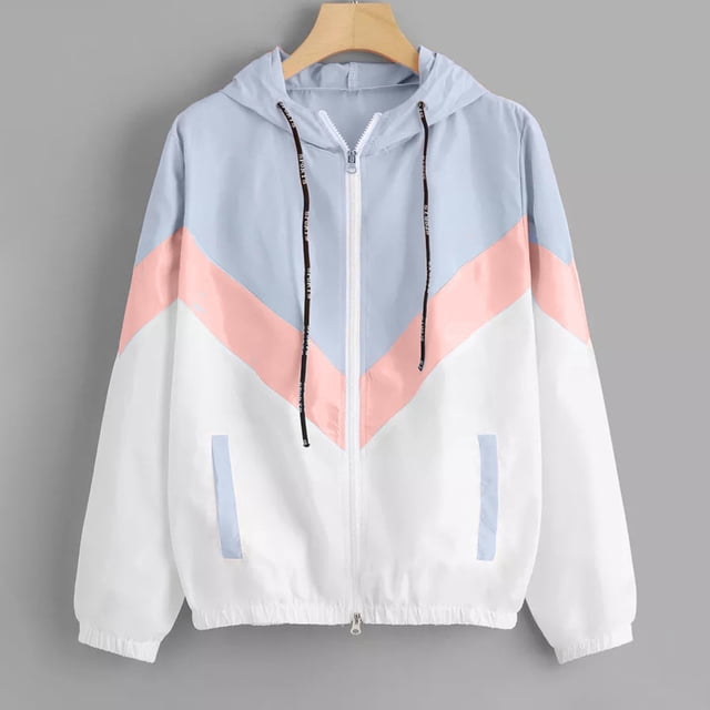 AherBiu Lightweight Sweatshirt Jacket Women Long Sleeve Color-Block Elastic Waist Hooded Jacket with Pockets