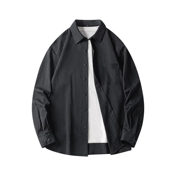 LNWUY Men's Cotton Shirts Long Sleeve Casual Solid Color Formal Shirt Spring Loose Turn-Down Collar Tops with Pocket Black L