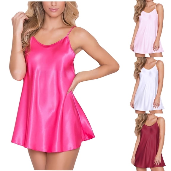 Oksale Satin Silk Chemise Nightgown for Women Plus Size Strapless Modal Sleep Dress Sexy V Deep Neck Mini Sleepwear Soft Cozy Sleeveless Slip Pajama Dress Hot Pink M