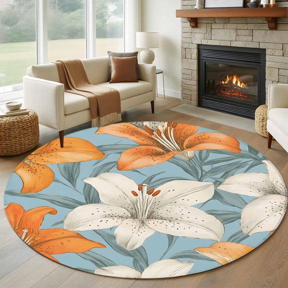 Lily Flower Round Area Rug 5 FT, Non Slip Bedroom Rugs, White Orange Blooms Floral Watercolor Blue Washable Soft Circular Carpet Non-Shedding Floor Mat for Kitchen Dining Room Foyer Balcony Dorm
