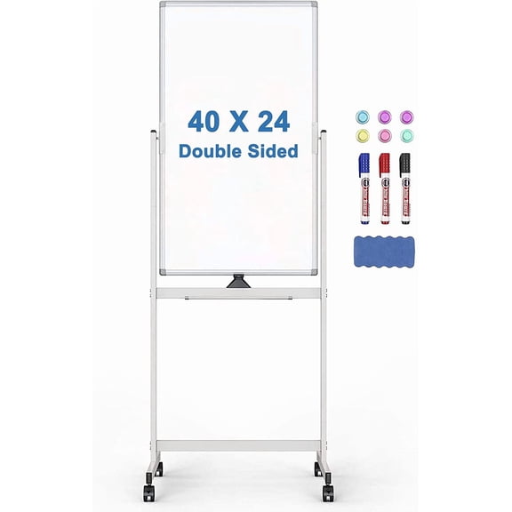 Rolling Whiteboard on Wheels 40" x 24" Aluminum Frame | Magnetic Mobile White Board, Double Sided Dry Erase Easel with Stand. Ideal for Home School, Office and Classroom