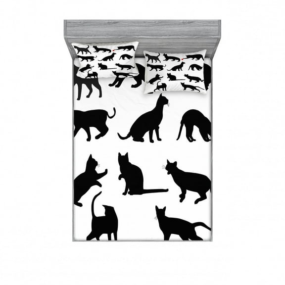Cat Fitted Sheet & Pillow Sham Set, Silhouette of Kittens in Various Postures Playing Red Ball Animal Pet Paw Print, Decorative Printed 3 Piece Bedding Decor Set, Full, Charcoal, by Ambesonne