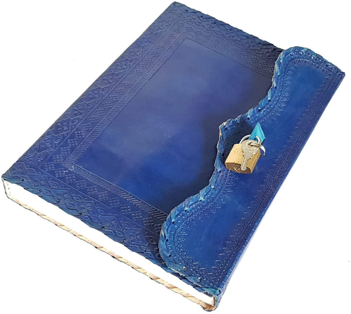 Jaald 10" Leather Journal Blank Notebook Handmade Travel Diary with Lock Writing Bullet Journal Christmas Gift Blue Sketchbook for Artists