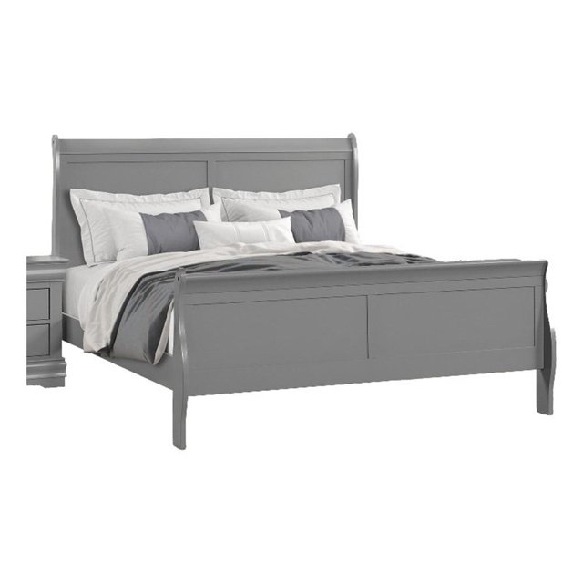 Lit Grand Format Ryla - Tête de Lit à Panneaux Style Traîneau - Bois Massif Gris Pâle Classique