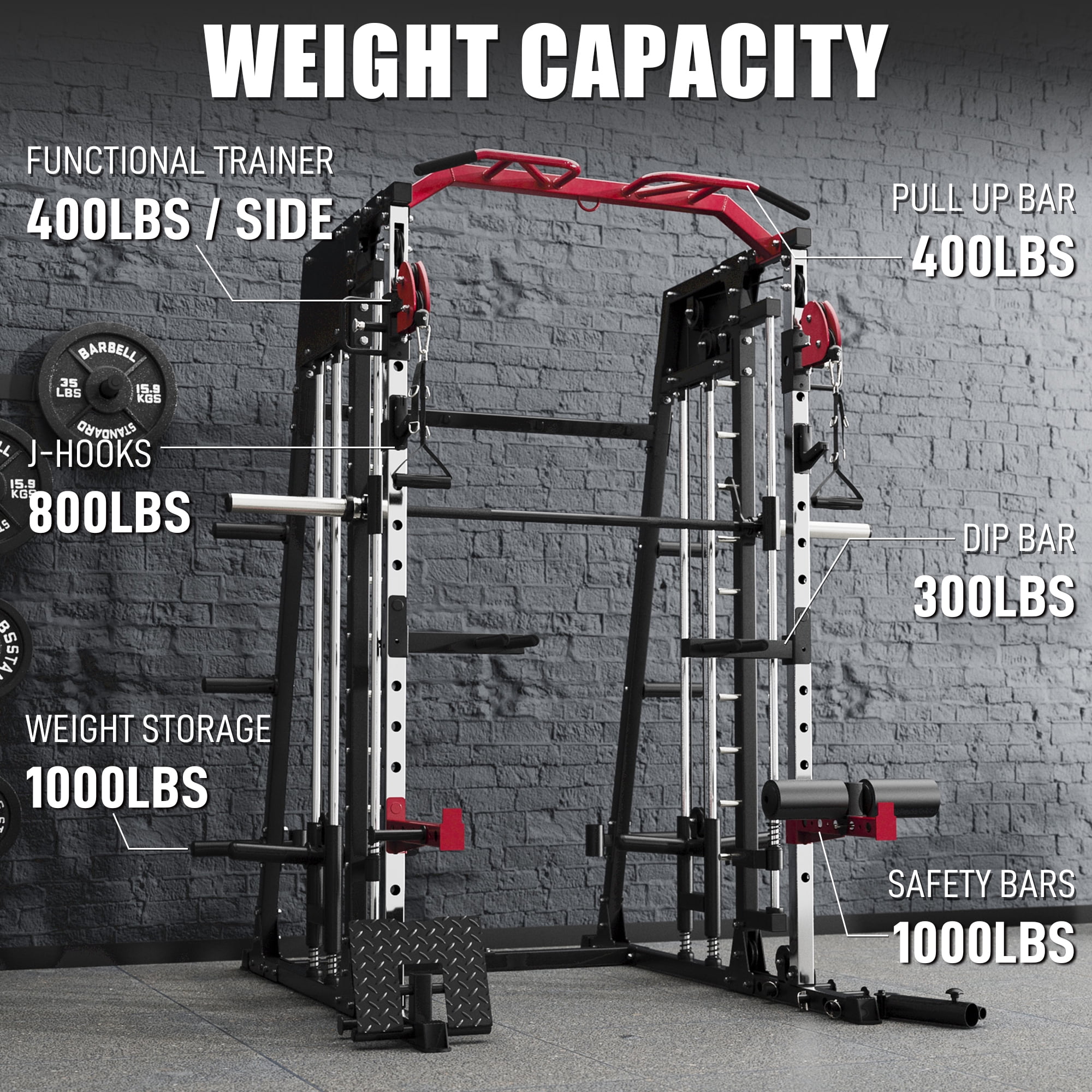Smith Machine Home Gym, 2200 lbs Power Rack Cage with Cable Crossover, Weight Bar, 360° Landmine, Barbell Holders and Other Attachments, Total Body Strength Training Cage