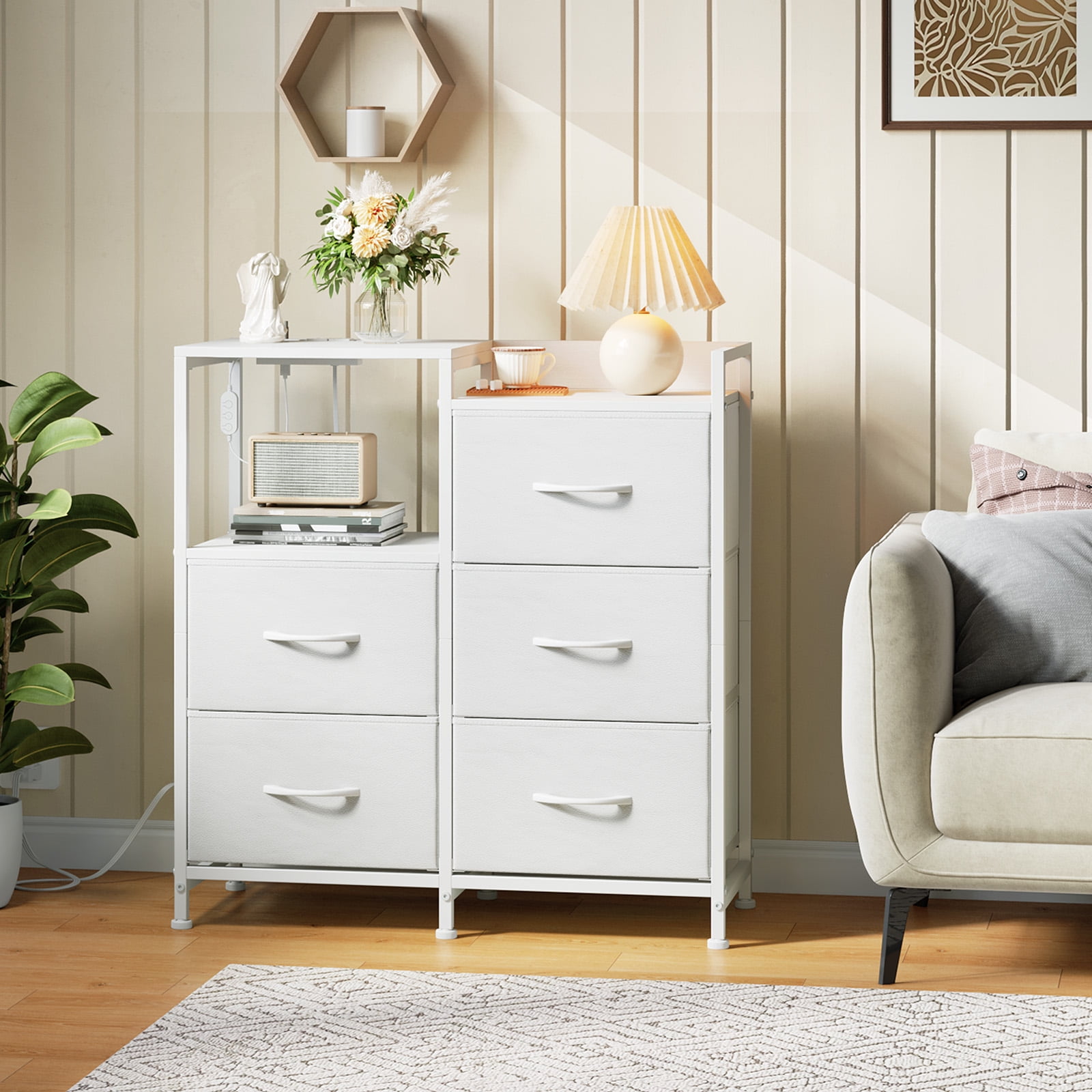 Eunos 5 Wide White Drawers Dresser with Charging Station and Open Shelf for Bedroom Closet Dorm