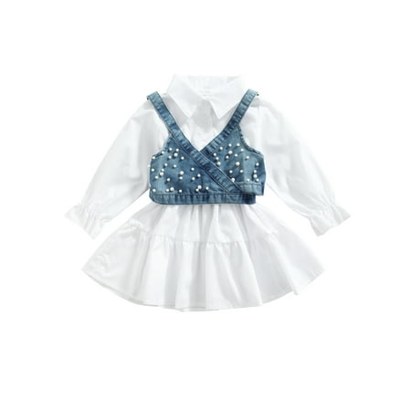 

One Opening Infant Kids Girl 2pcs Ruffles A-Line Shirt Dress Pearl Denim Vest
