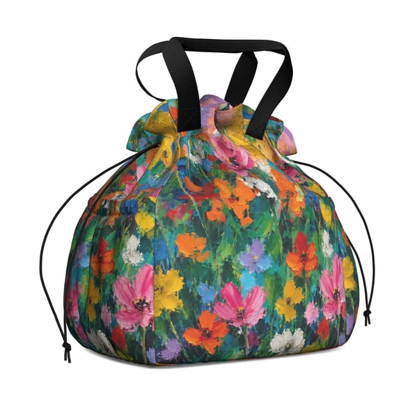 Women Floral Drawstring Lunch Bag Polyester Lightweight Reusable Sack Work Travel Picnic