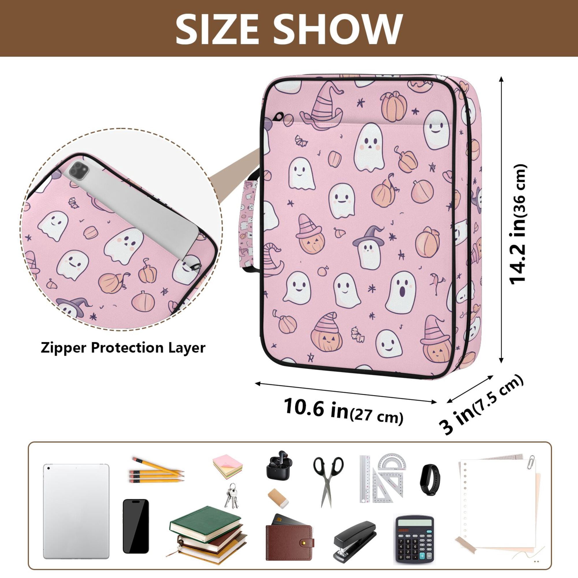 FORMRS Accordion File Folder A4 Size 7-Pocket Expanding Document Organizer Bag with 3 Ring Binder, Pink Halloween