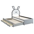 thumbnail image 3 of Aukfa Twin Bed Frame with Trundle and 3 Drawers, Upholstered Platform Bed with Cartoon Rabbit Ears Headboard and LED Lights, Gray, 3 of 8