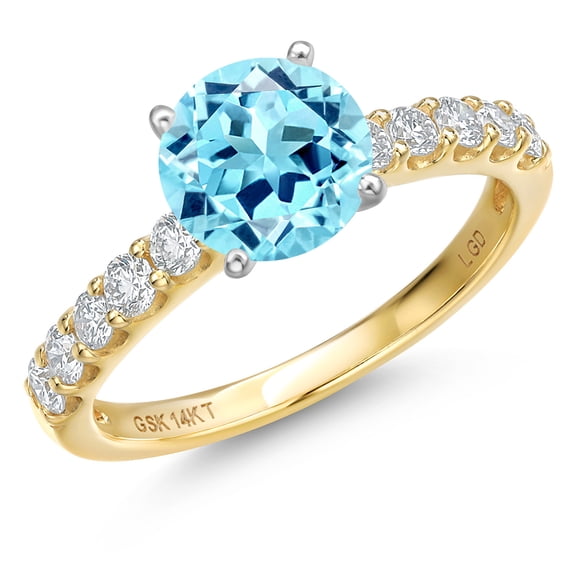 Gem Stone King 14K Two Tone Gold Blue Apatite and Lab Grown Diamond Engagement Ring for Women | 1.20 Cttw | Round 6MM | Gemstone Birthstone | Size 6