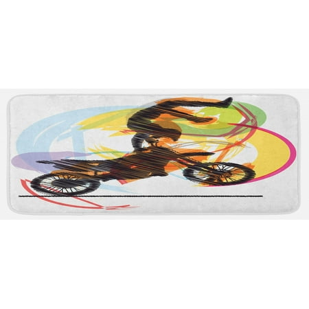 

Motorcycle Kitchen Mat Sketch of Biker Performing Image on Abstract Colorful Background Modern Print Plush Decorative Kitchen Mat with Non Slip Backing 47 X 19 Black Yellow by Ambesonne
