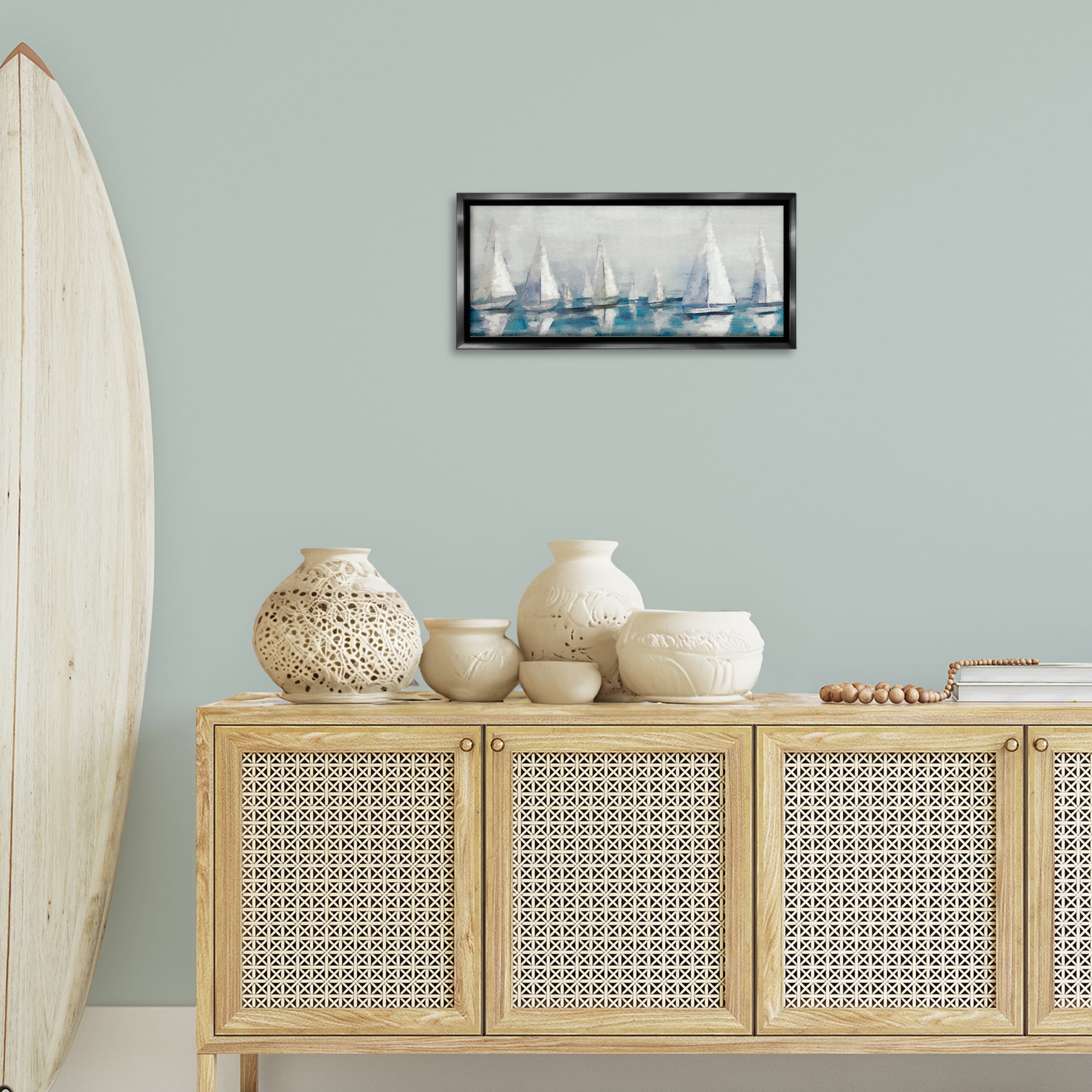 Stupell Industries Sailing Fleet Boats Transportation Painting Black Floater Framed Canvas Art Print Wall Art, 25 x 11