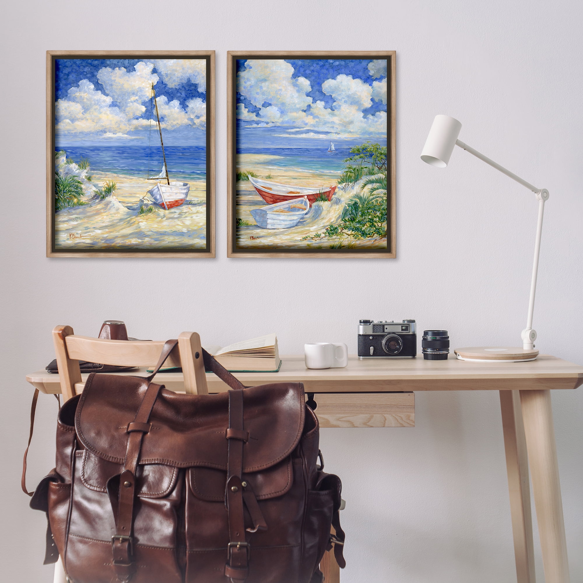 Stupell Industries Row Boat on Sandy Beach Nautical & Beach Painting Brown Floater Framed Canvas Art Print Wall Art, 31 x 25, Set of 2