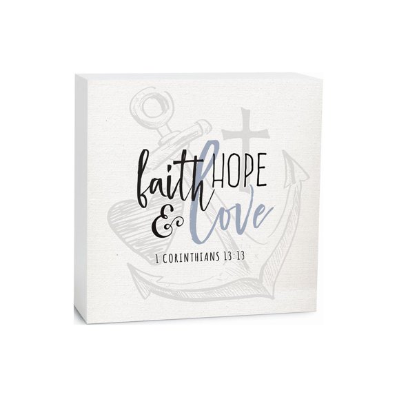 Faith Hope Love White Anchor Cross Heart 5 x 5 Wood Tabletop Sign Plaque