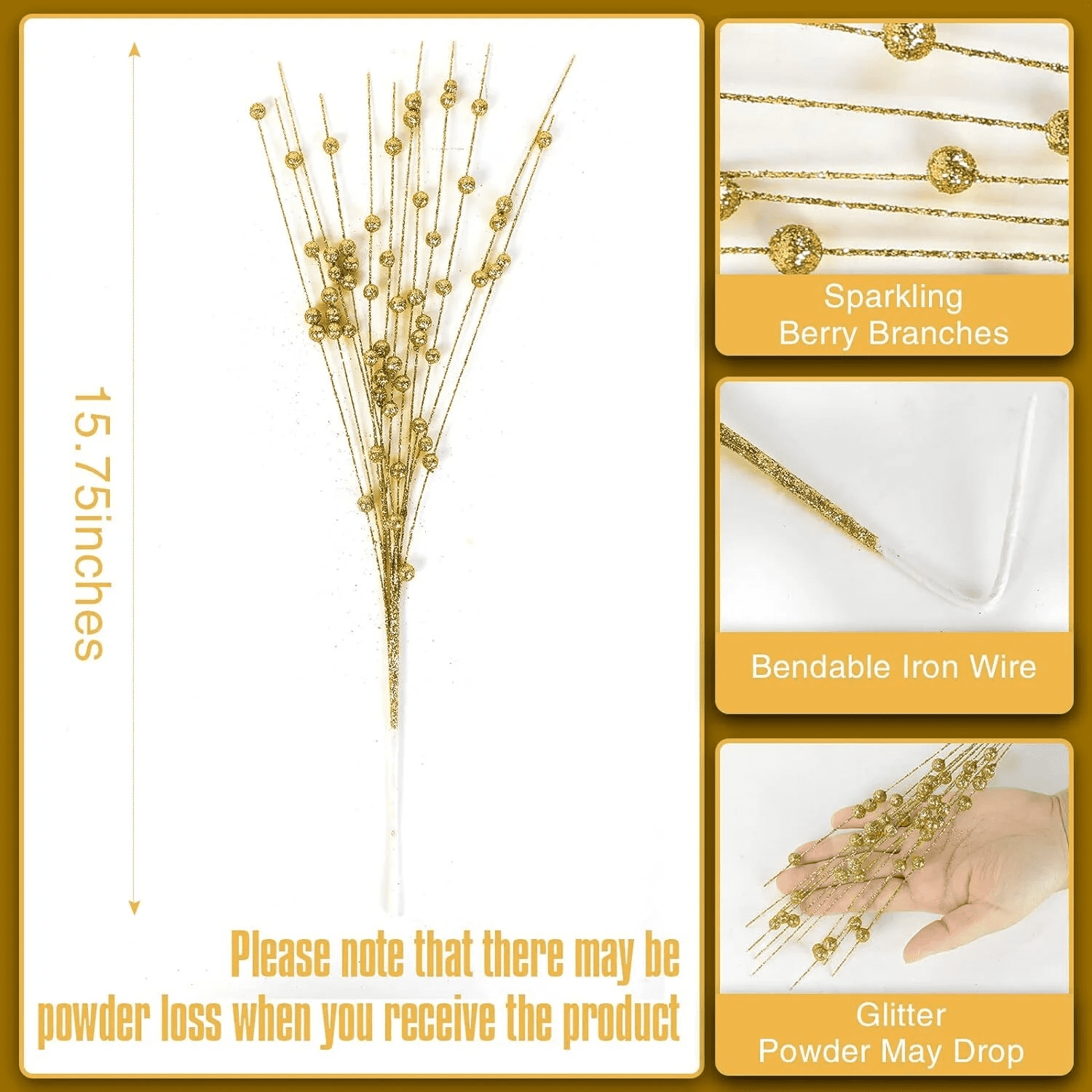10 Pack Golden Artificial Glitter Berry Stem Ornaments 17 Inches Fake Christmas Picks Decorative Glitter Sticks for Christmas Tree DIY Wreath Crafts Gift Fireplace Holiday Home Decor