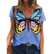 TWZH Women Butterfly Graphic Print V Neck Short Sleeve Casual T-Shirt
