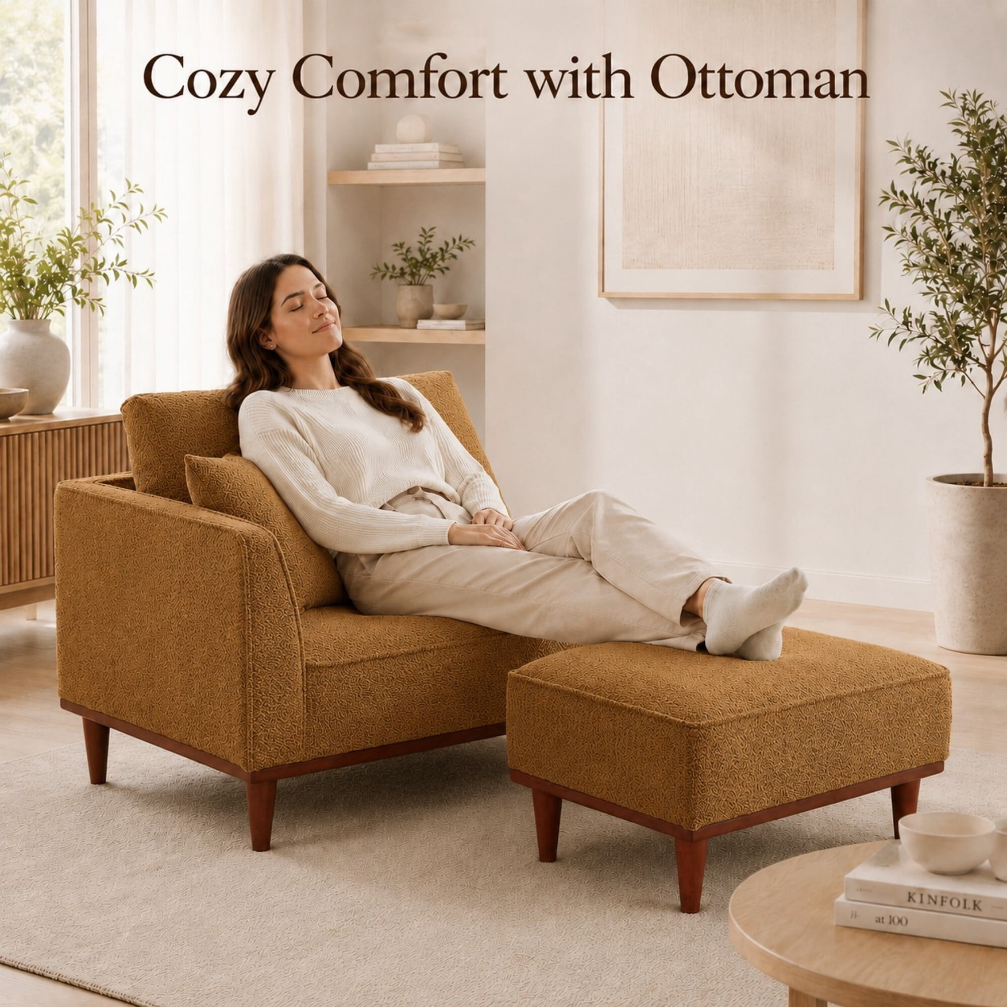 DEALTOPS Convertible Boucle Upholstered Chaise Lounge Chair with Ottoman for Living Room Bedroom, Ginger