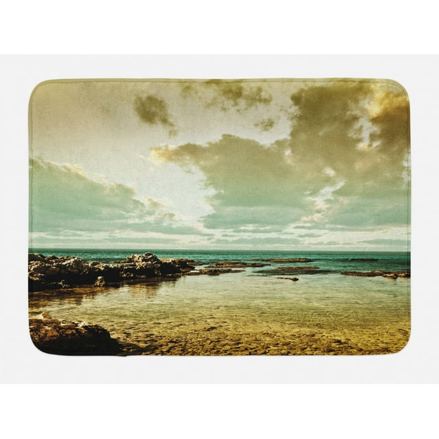 Landscape Bath Mat, Island Scenery Near Ocean Sea with Clouds Puddle Stones Gloomy Air Photo, Non-Slip Plush Mat Bathroom Kitchen Laundry Room Decor, 29.5 X 17.5 Inches, Beige Sepia Teal, Ambesonne