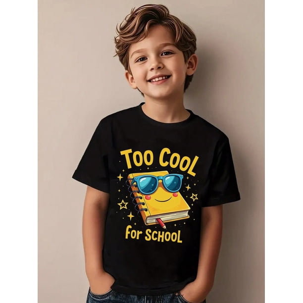 Girls & Boys "Cool School Cotton Graphic Tees, Back To School Clothes Girls, Black Summer Shirts With Book Character Design, Gift For First Day Of School, Round Neck Short Sleeve T-Shirt