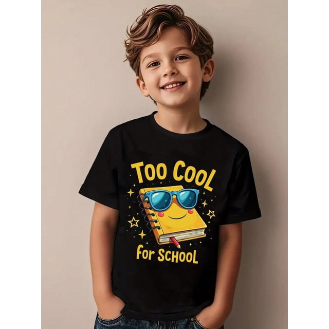 Girls & Boys "Cool School Cotton Graphic Tees, Back To School Clothes Girls, Black Summer Shirts With Book Character Design, Gift For First Day Of School, Round Neck Short Sleeve T-Shirt