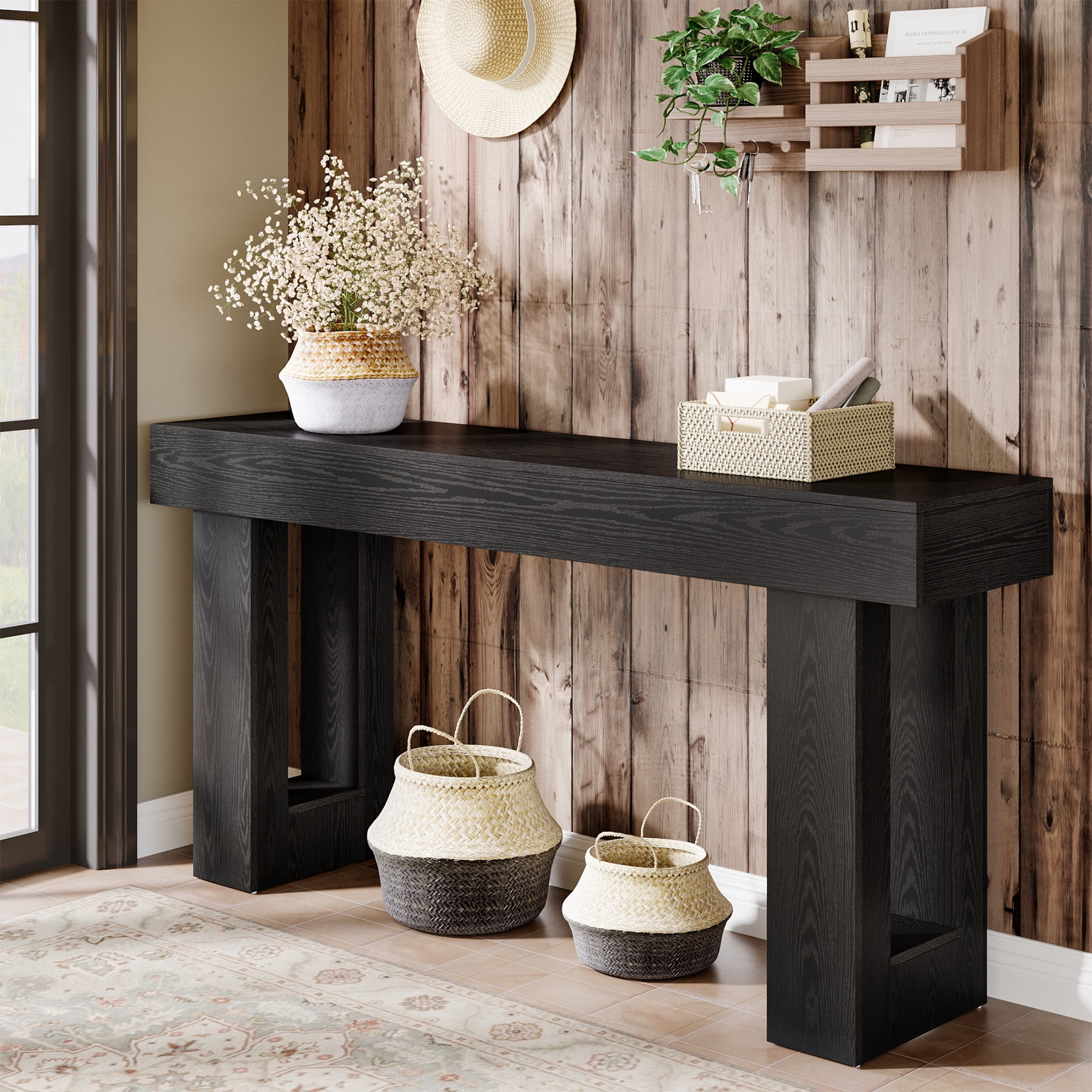 Tribesigns 63-Inch Long Console Table, Farmhouse Wooden Sofa Table Behind The Couch, Entryway Table for Entrance, Hallway, Living Room, Black
