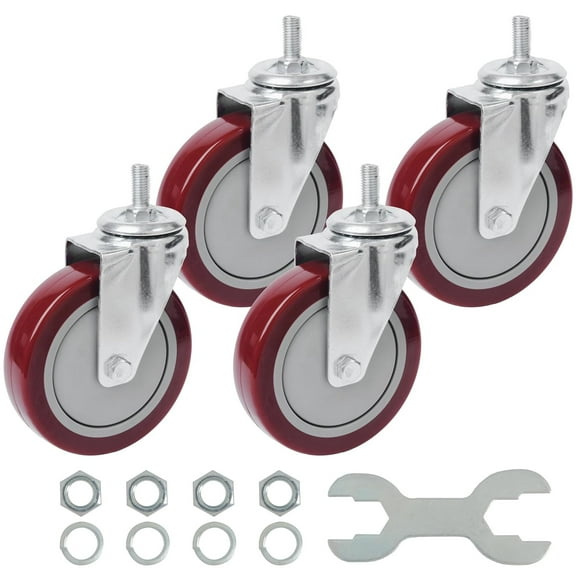 Swivel Caster Wheels 5 Inch Threaded Stem Casters Set of 4 Heavy Duty 1/2"-13 x 1 Anti-wear Polyurethane Industrial Castor Wheels for Cart/Furniture Load Bearing 2200 Lbs Smooth Casters Red