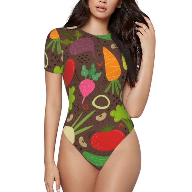 Fotbe Cartoon Vegetables Body de Mujer con Cuello Redondo y Mangas Cortas, Sin Mangas Ajustado, Suave, Cómodo y Básico-XX-Large