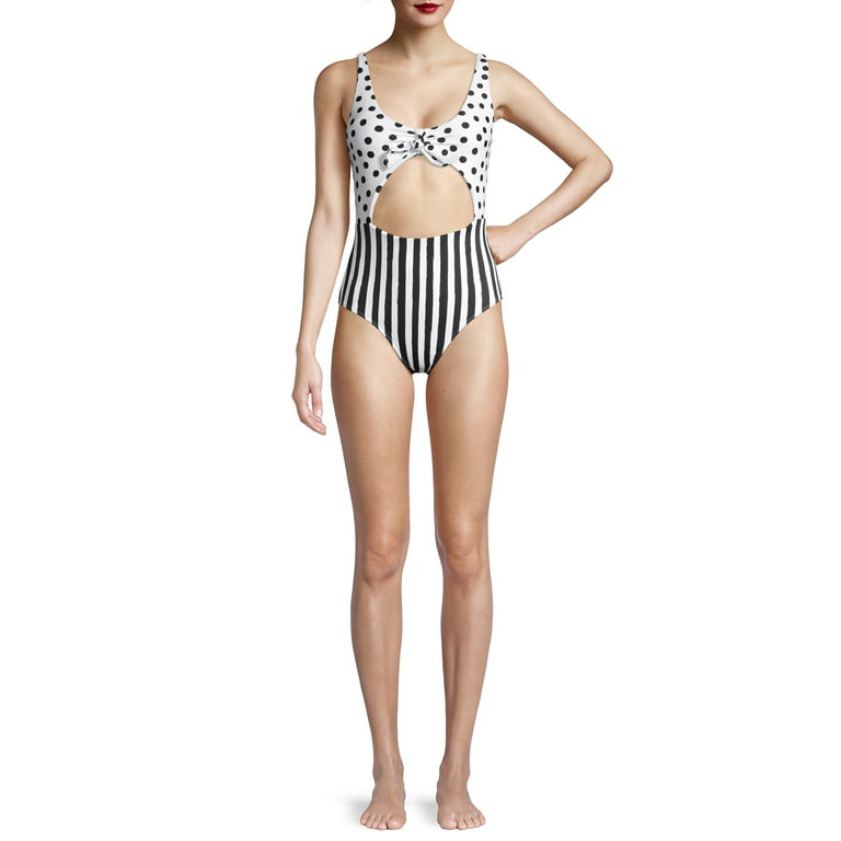 No Boundaries Juniors' Polka Dot & Stripe One-Piece Swimsuit