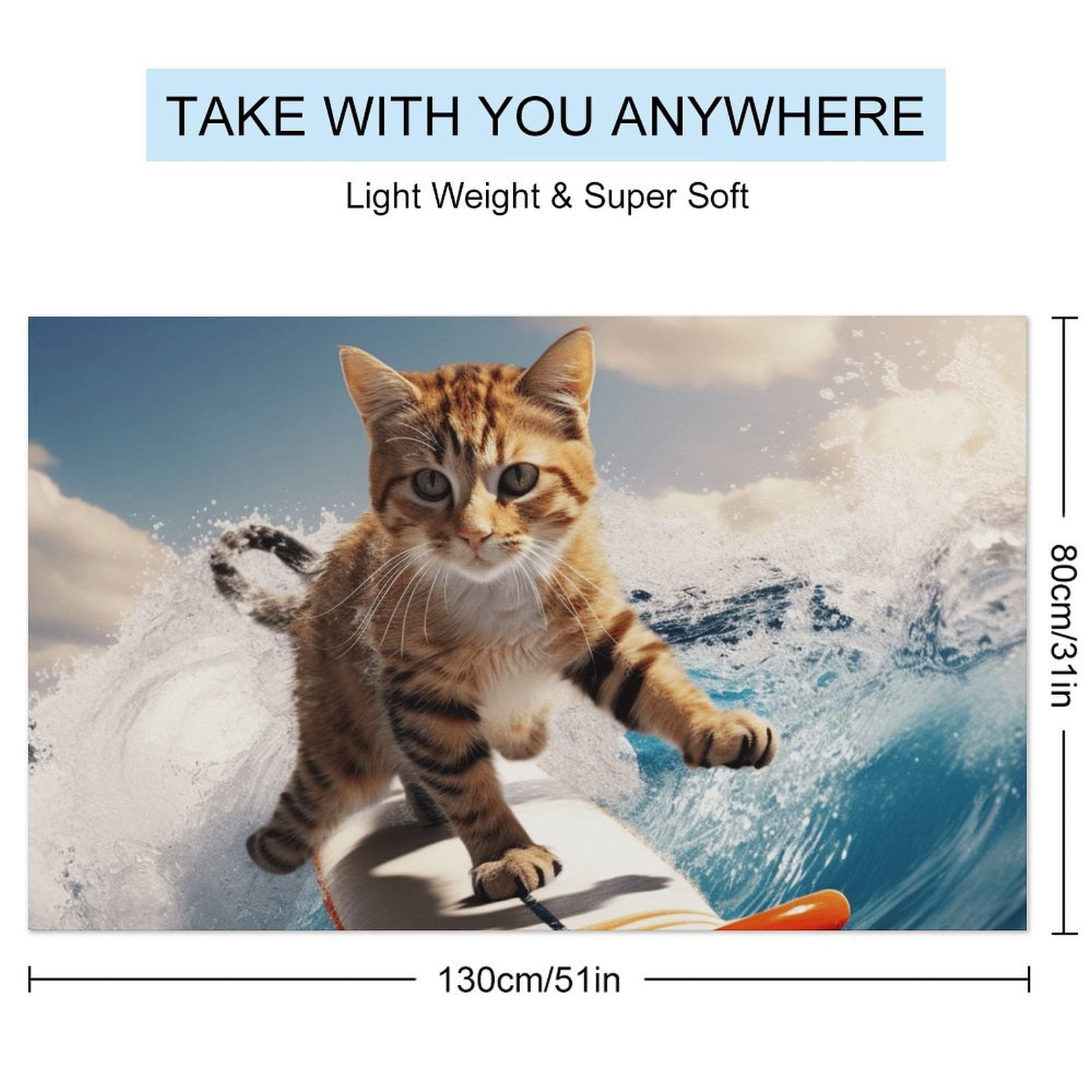 Surfing Cat Microfiber Beach Towel Lightweight 63''x32'' Oversized Extra Large Towels Quick Dry for Travel Pool Yoga Gym Sports Accessories Vacation Essential
