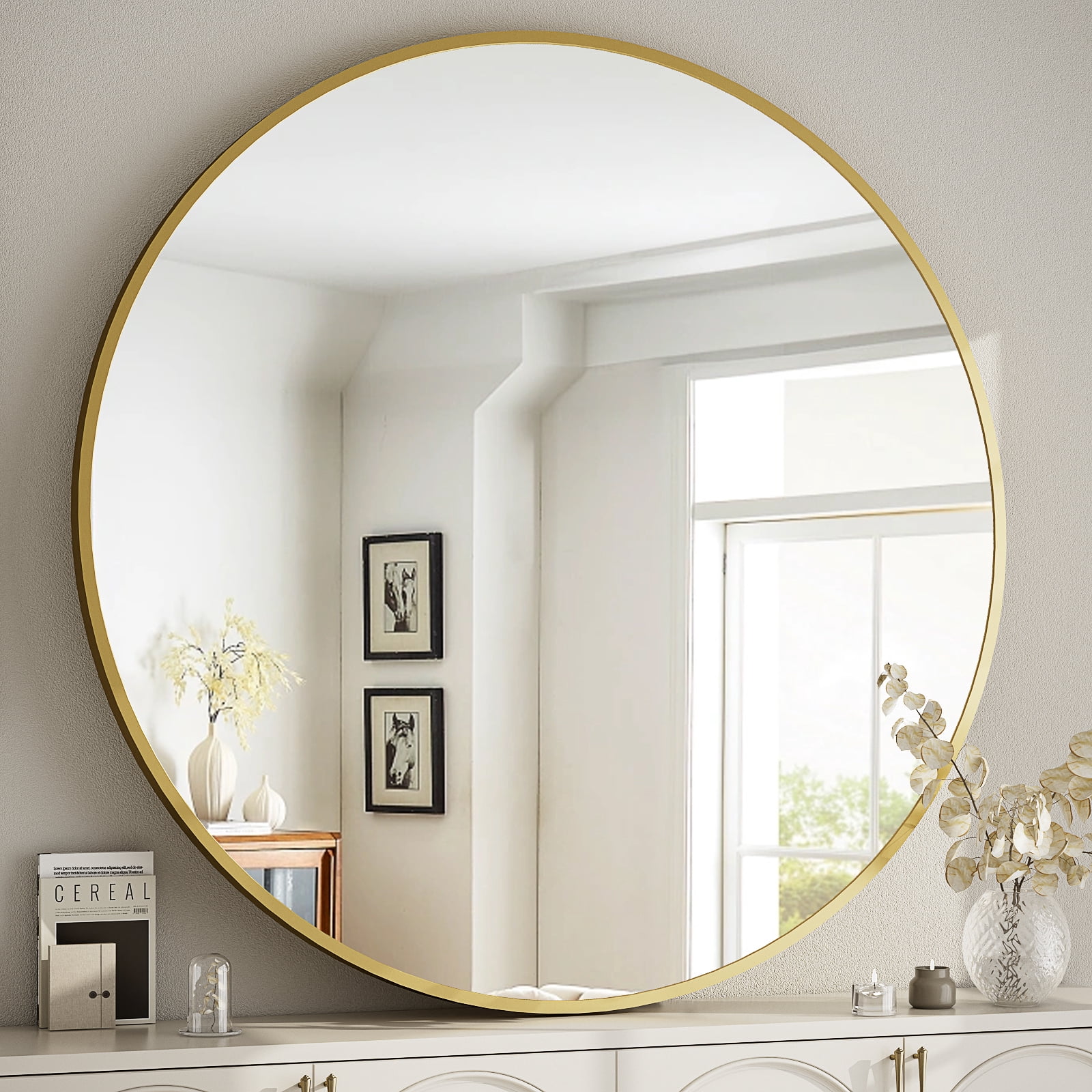 Lumora 42" Round Bathroom Mirror Wall Mirror Metal Frame Circle Mirror, Gold